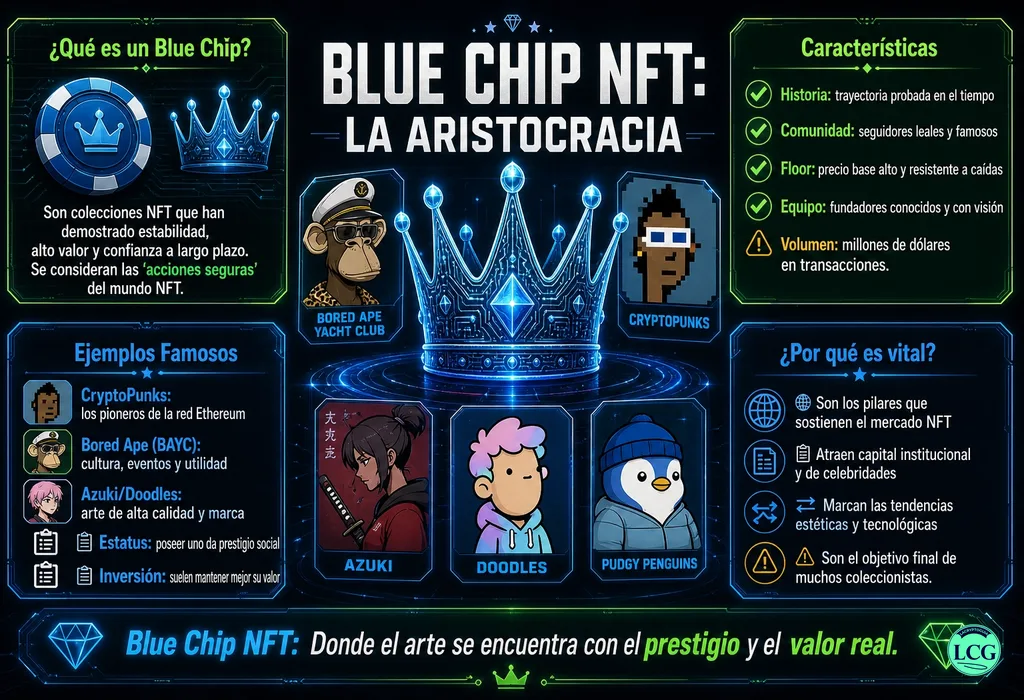 Infograf&iacute;a explicativa sobre Blue Chip Nft en blockchain y crypto