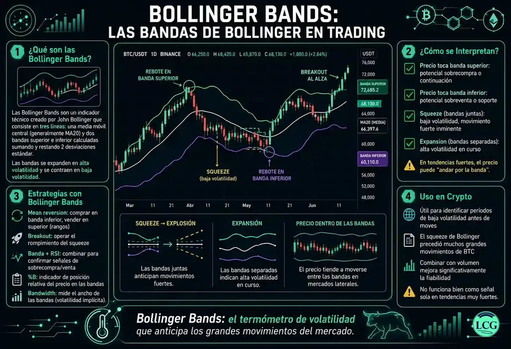 Infograf&iacute;a explicativa sobre Bollinger Bands en blockchain y crypto