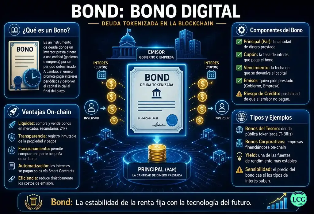 Infograf&iacute;a explicativa sobre Bond en blockchain y crypto