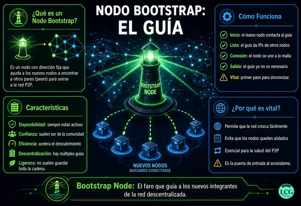 Infograf&iacute;a explicativa sobre Bootstrap Node en blockchain y crypto