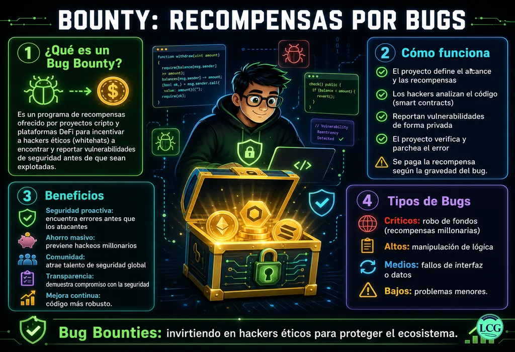 Infograf&iacute;a explicativa sobre Bounty en blockchain y crypto