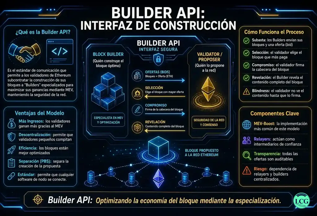 Infograf&iacute;a explicativa sobre Builder Api en blockchain y crypto