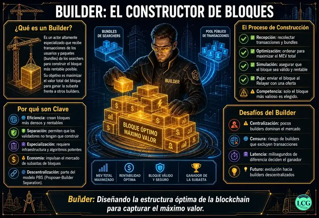 Infograf&iacute;a explicativa sobre Builder (Mev) en blockchain y crypto