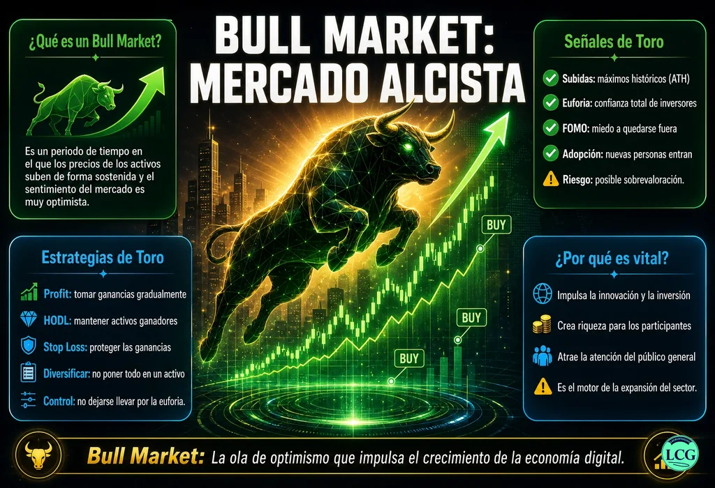 Infograf&iacute;a explicativa sobre Bull Market en blockchain y crypto