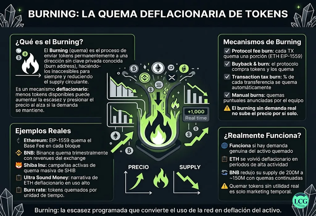 Infograf&iacute;a explicativa sobre Burning en blockchain y crypto