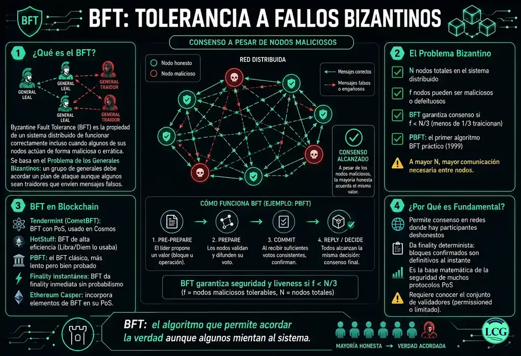 Infograf&iacute;a explicativa sobre Byzantine Fault Tolerance (Bft) en blockchain y crypto