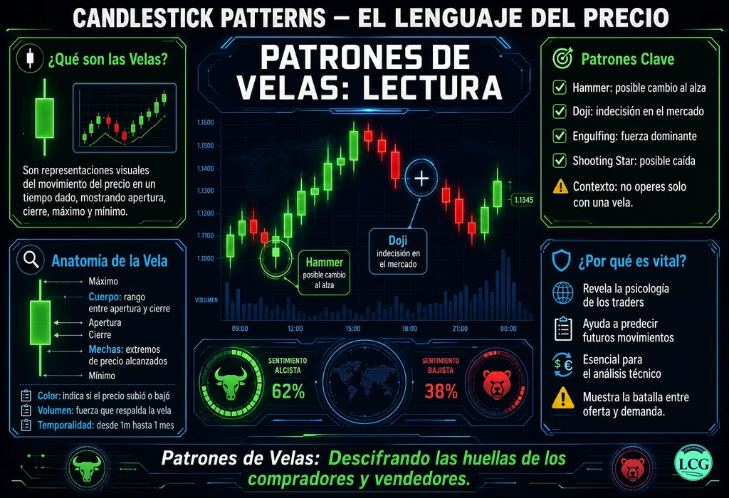 Infograf&iacute;a explicativa sobre Candlestick Patterns en blockchain y crypto
