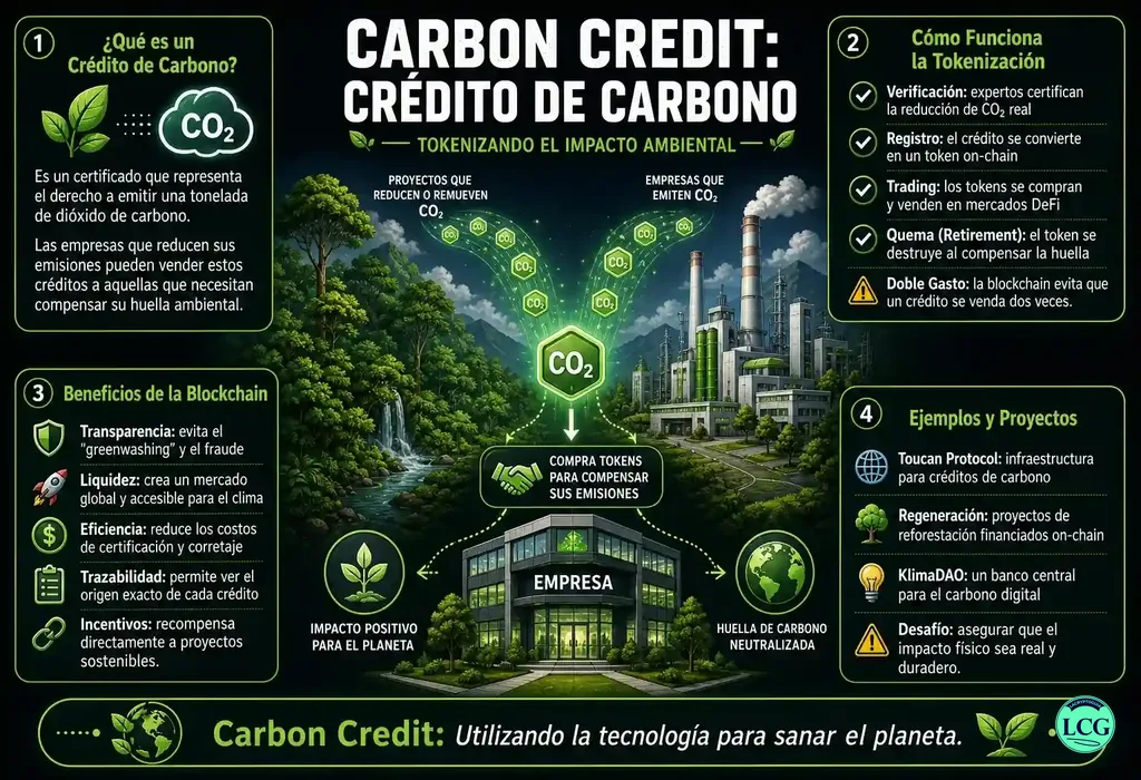 Infograf&iacute;a explicativa sobre Carbon Credit en blockchain y crypto