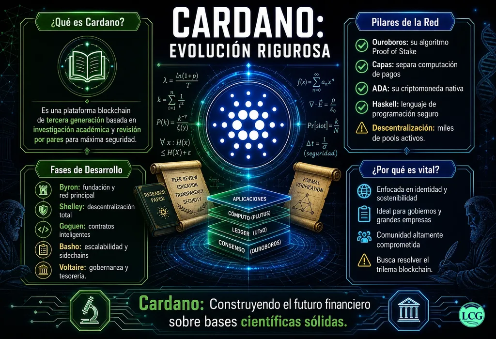 Infografía explicativa sobre Cardano en blockchain y crypto