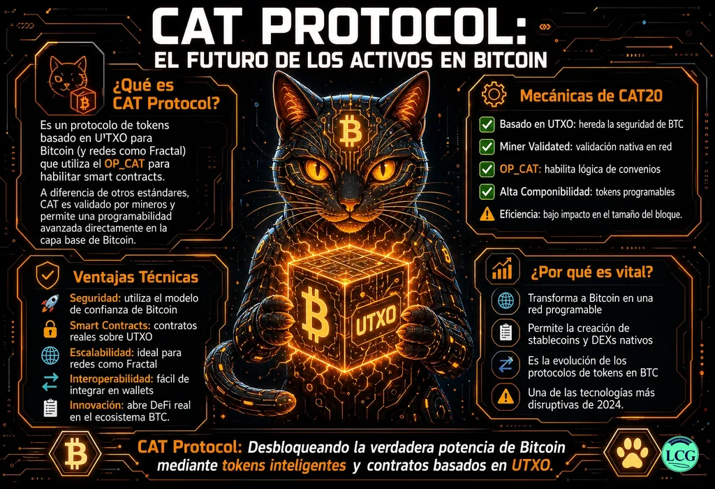 Infograf&iacute;a explicativa sobre Cat Protocol en blockchain y crypto