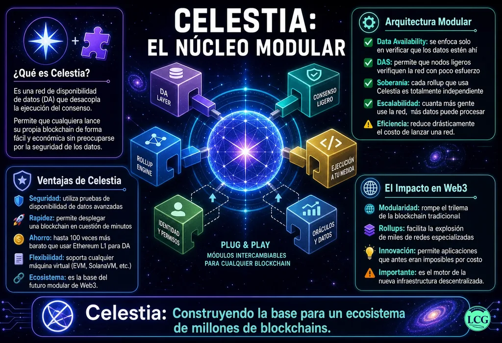 Infografía explicativa sobre Celestia en blockchain y crypto