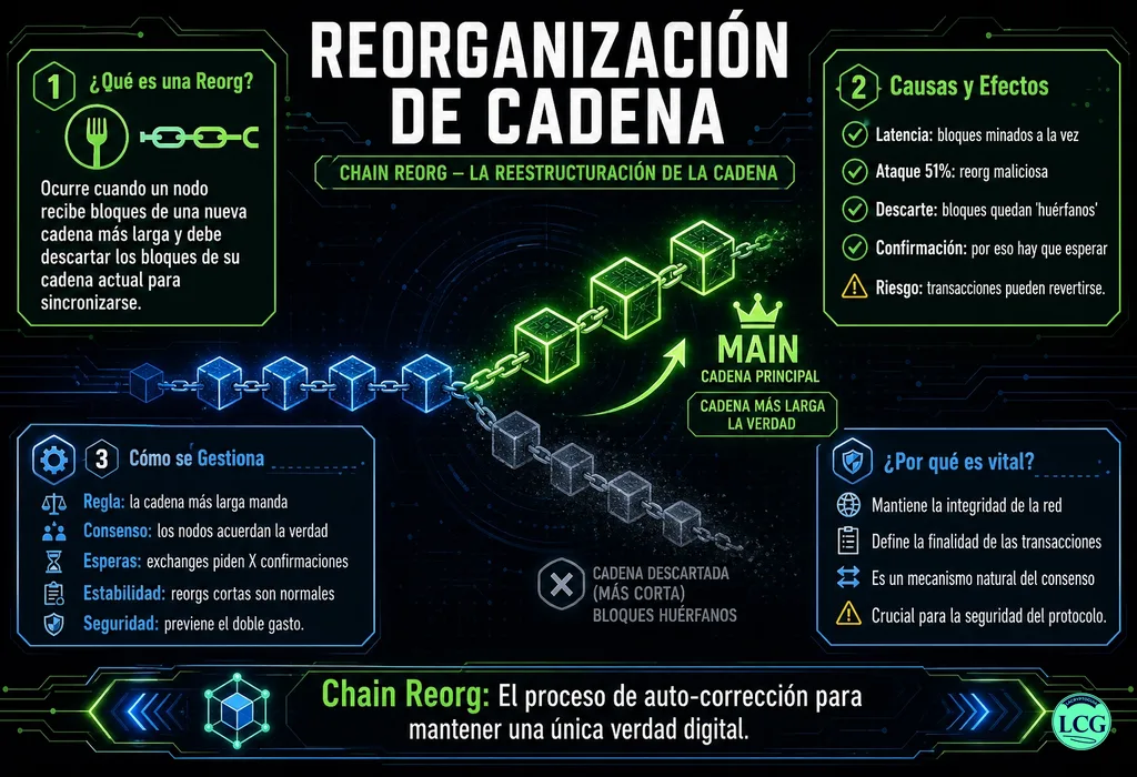 Infograf&iacute;a explicativa sobre Chain Reorg en blockchain y crypto