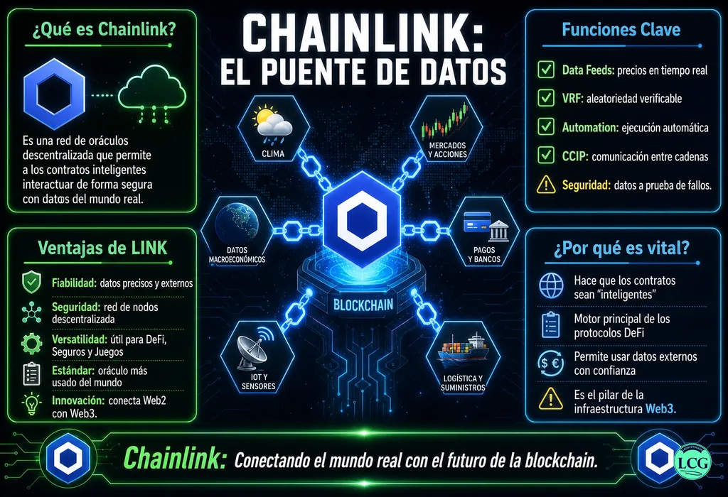 Infograf&iacute;a explicativa sobre Chainlink en blockchain y crypto