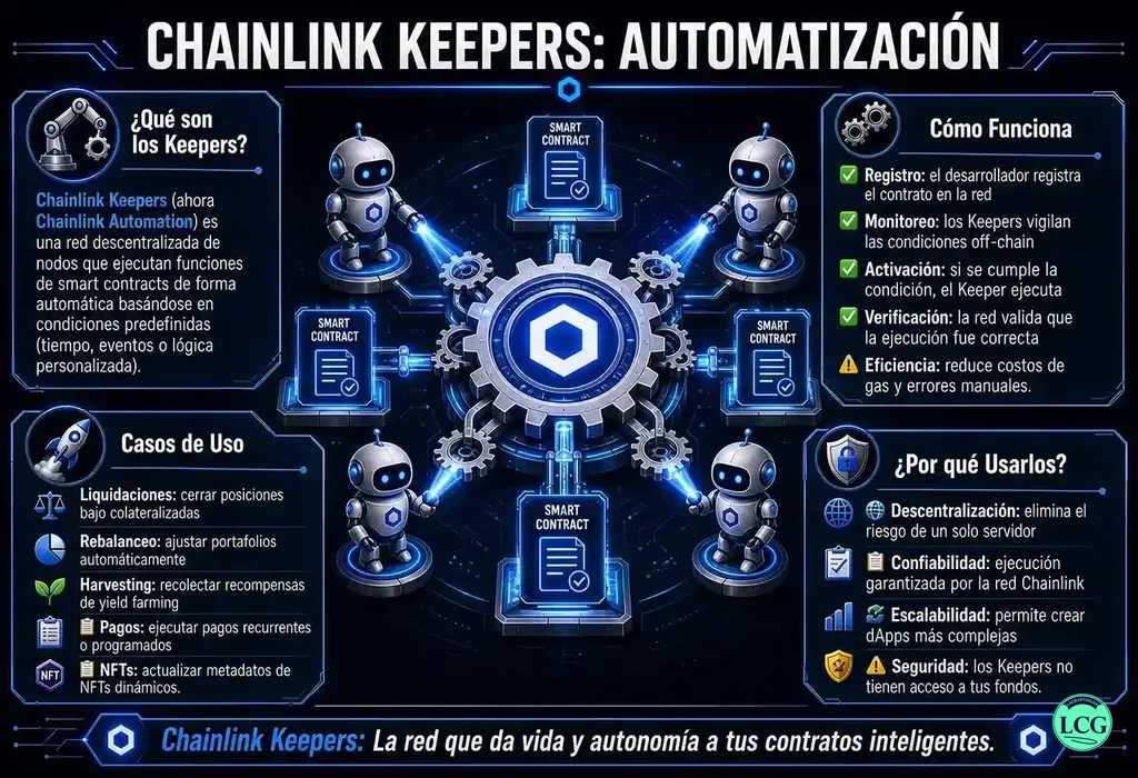 Infograf&iacute;a explicativa sobre Chainlink Keepers en blockchain y crypto