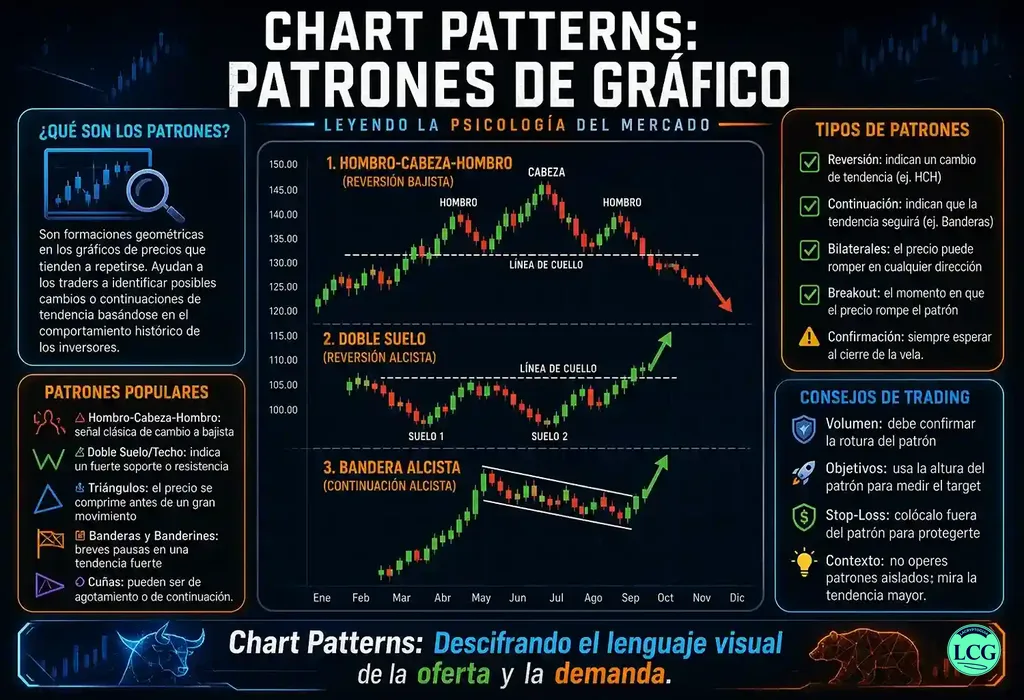 Infograf&iacute;a explicativa sobre Chart Patterns en blockchain y crypto