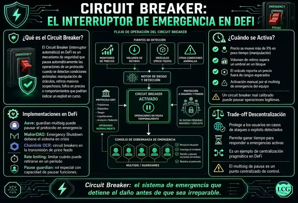 Infograf&iacute;a explicativa sobre Circuit Breaker Pattern en blockchain y crypto
