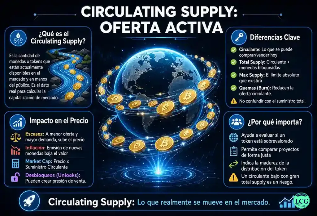 Infograf&iacute;a explicativa sobre Circulating Supply en blockchain y crypto