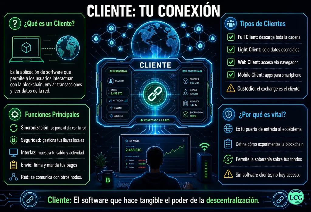 Infograf&iacute;a explicativa sobre Client en blockchain y crypto