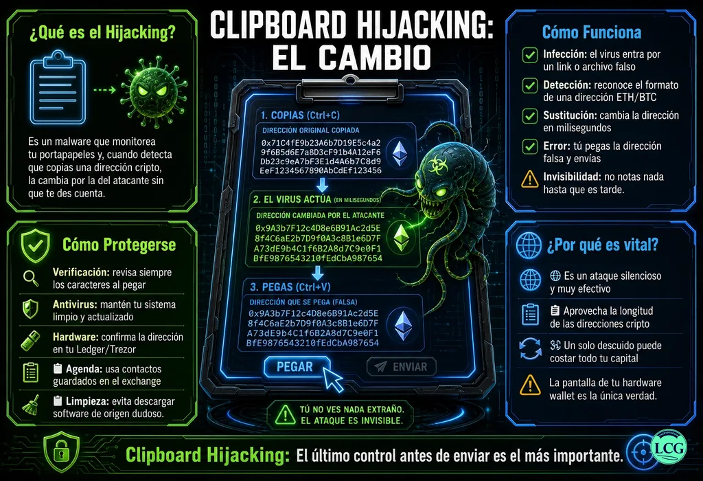 Infograf&iacute;a explicativa sobre Clipboard Hijacking en blockchain y crypto