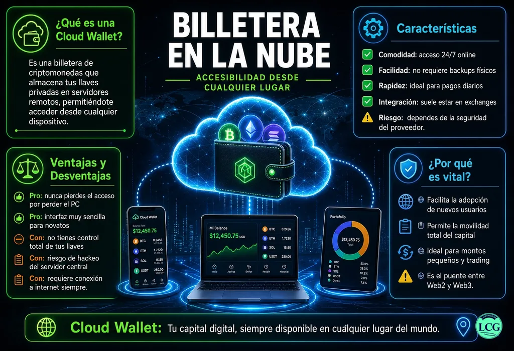 Infograf&iacute;a explicativa sobre Cloud Wallet en blockchain y crypto