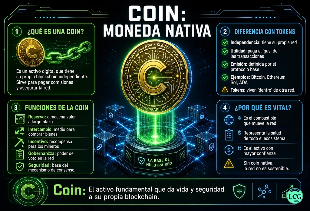 Infograf&iacute;a explicativa sobre Coin en blockchain y crypto