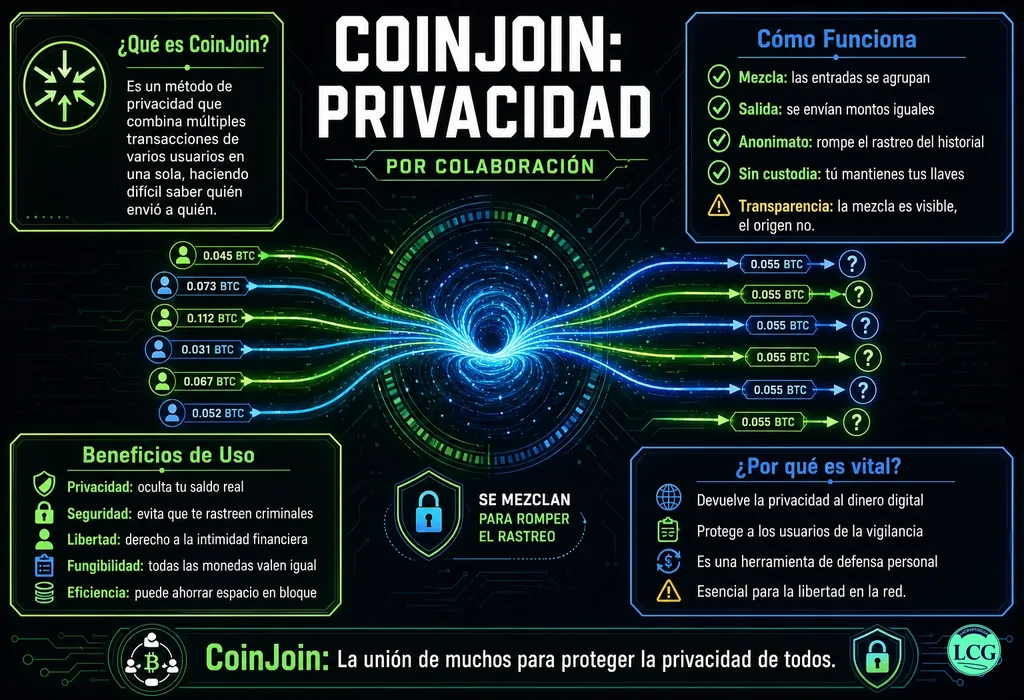 Infograf&iacute;a explicativa sobre Coinjoin en blockchain y crypto