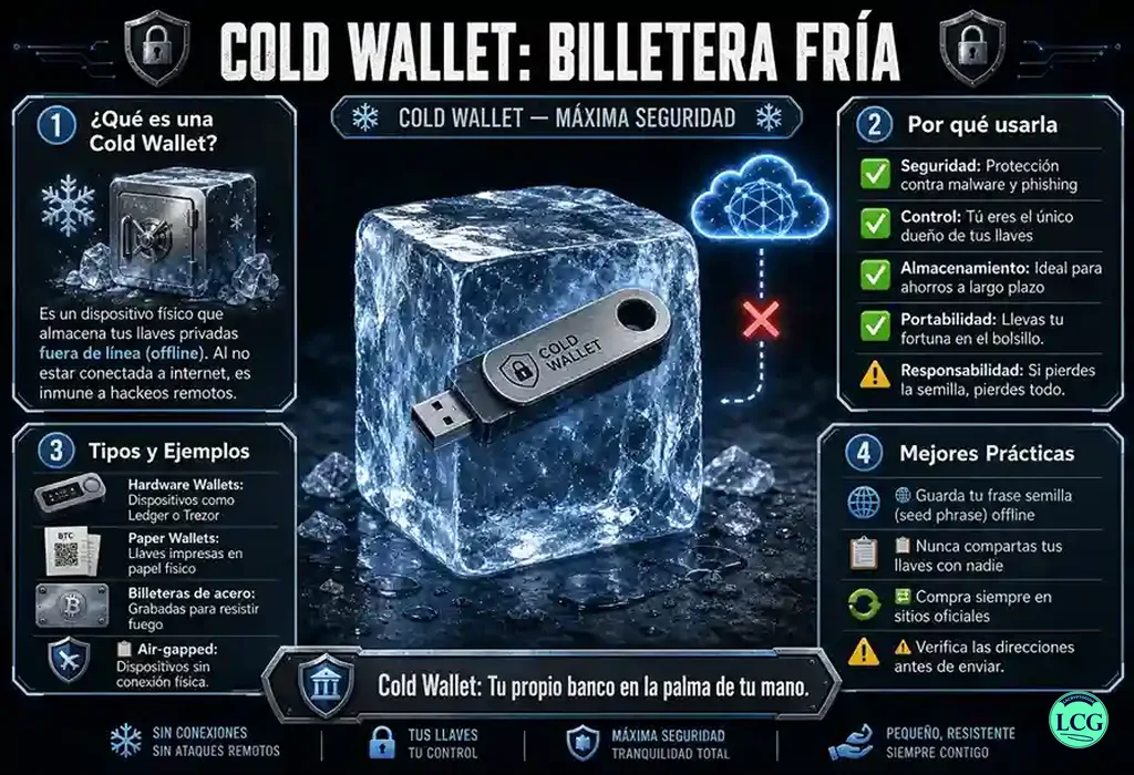 Infografía explicativa sobre Cold Wallet en blockchain y crypto