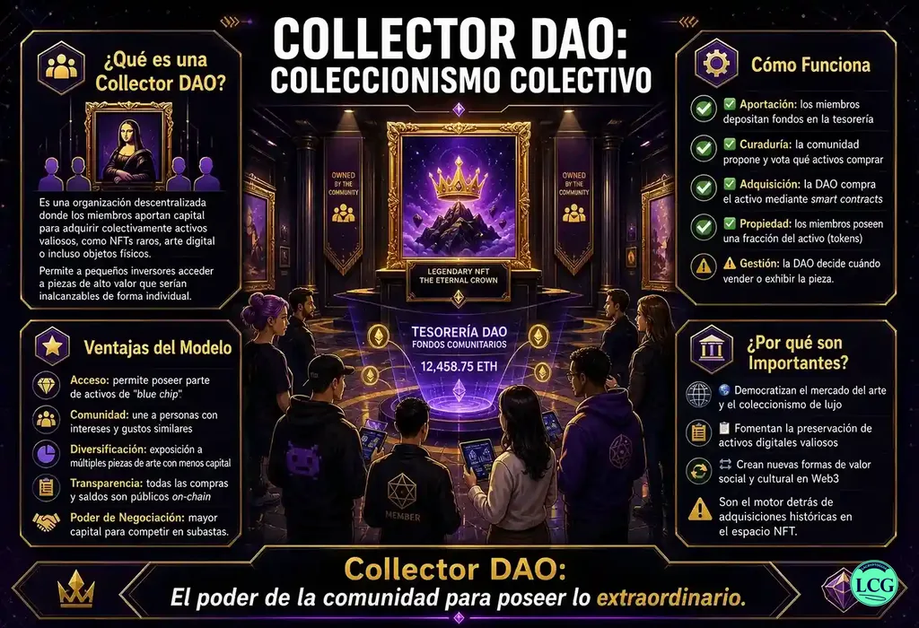 Infograf&iacute;a explicativa sobre Collector Dao en blockchain y crypto