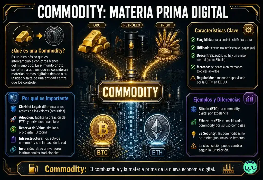Infografía explicativa sobre Commodity en blockchain y crypto