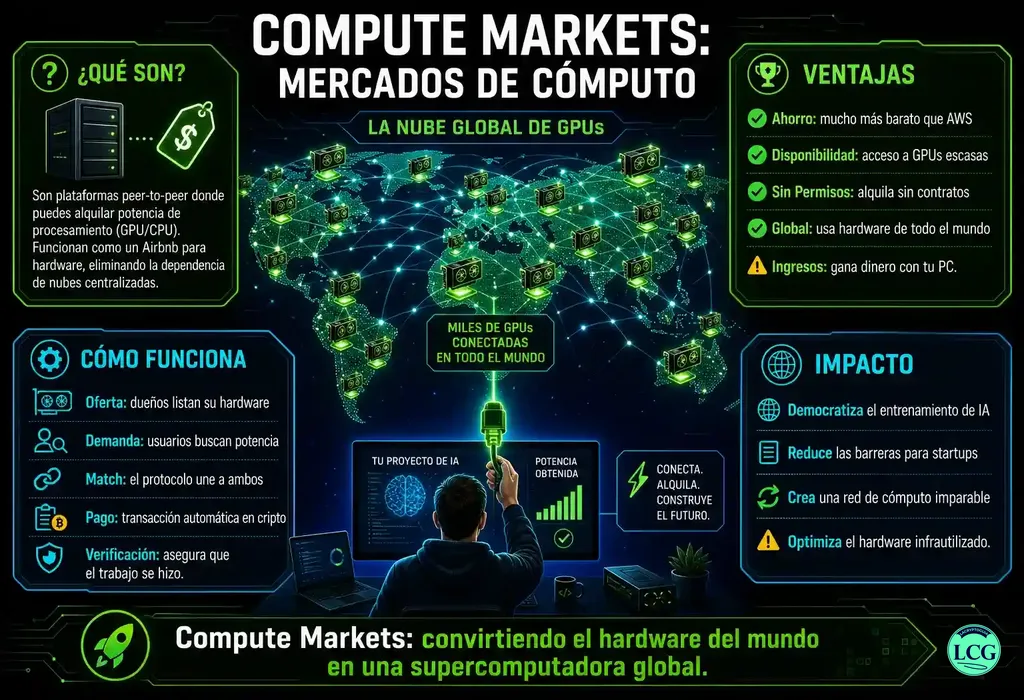 Infograf&iacute;a explicativa sobre Compute Markets en blockchain y crypto