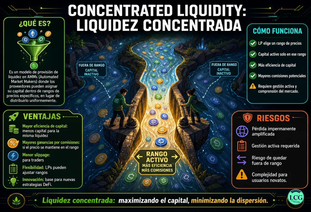 Infograf&iacute;a explicativa sobre Concentrated Liquidity en blockchain y crypto