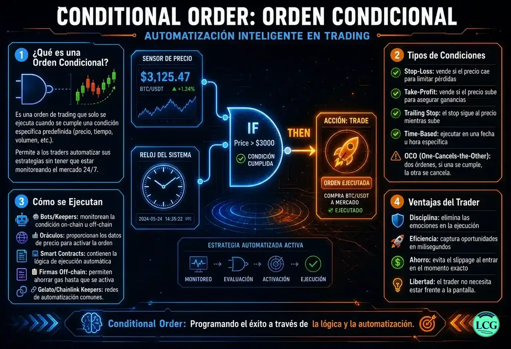 Infograf&iacute;a explicativa sobre Conditional Order en blockchain y crypto