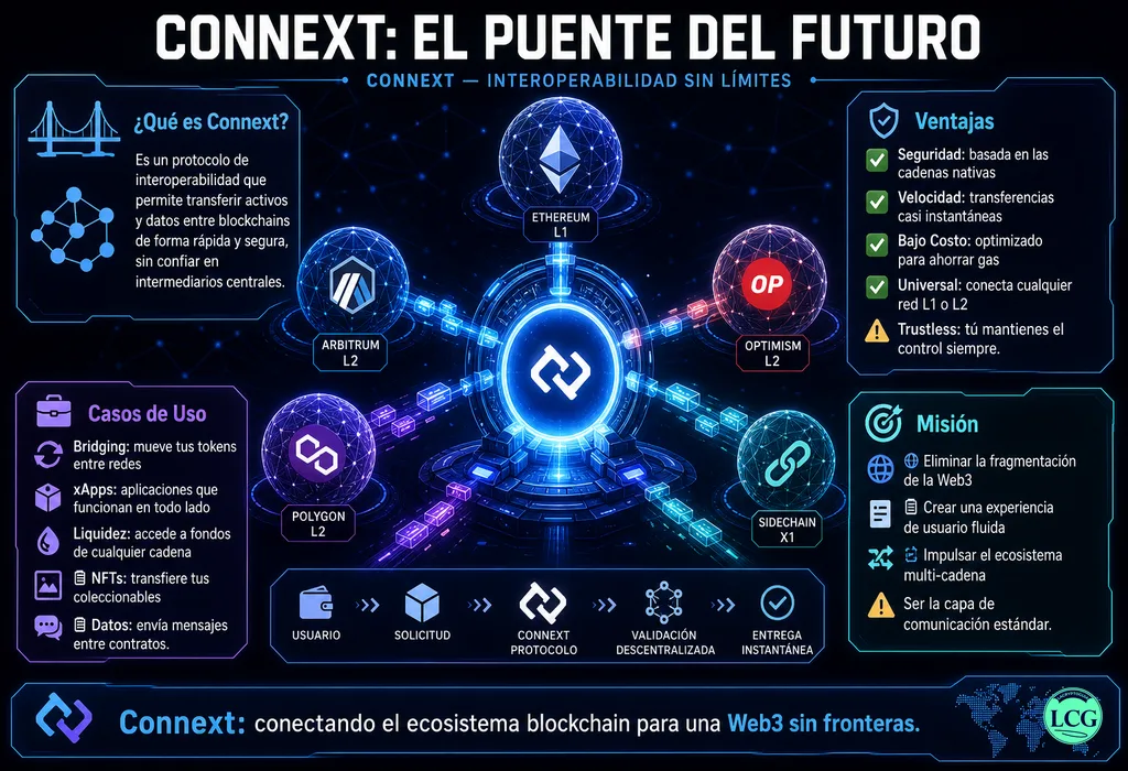 Infografía explicativa sobre Connext Protocol en blockchain y crypto
