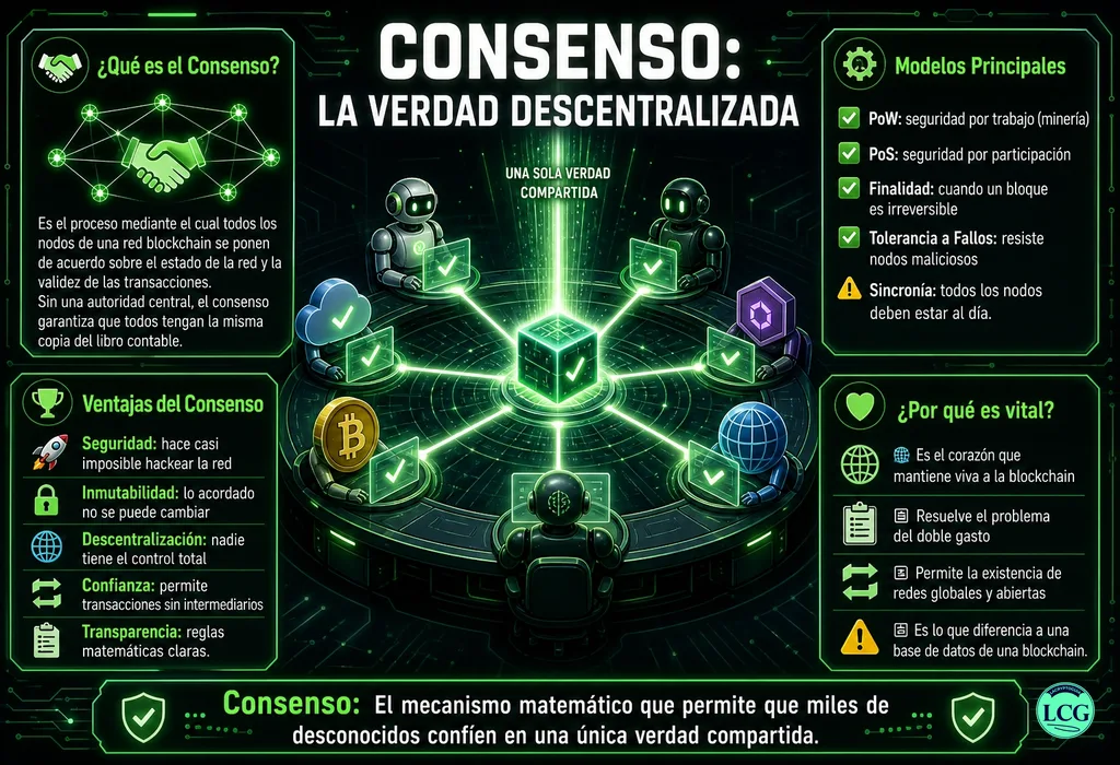 Infograf&iacute;a explicativa sobre Consensus en blockchain y crypto