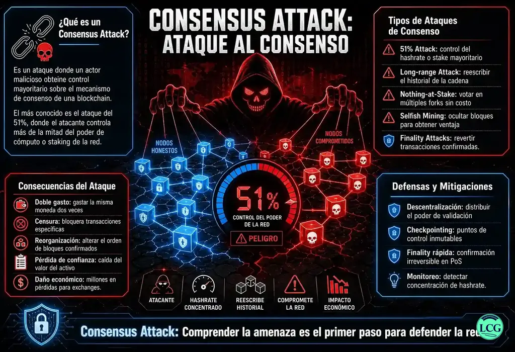 Infograf&iacute;a explicativa sobre Consensus Attack en blockchain y crypto