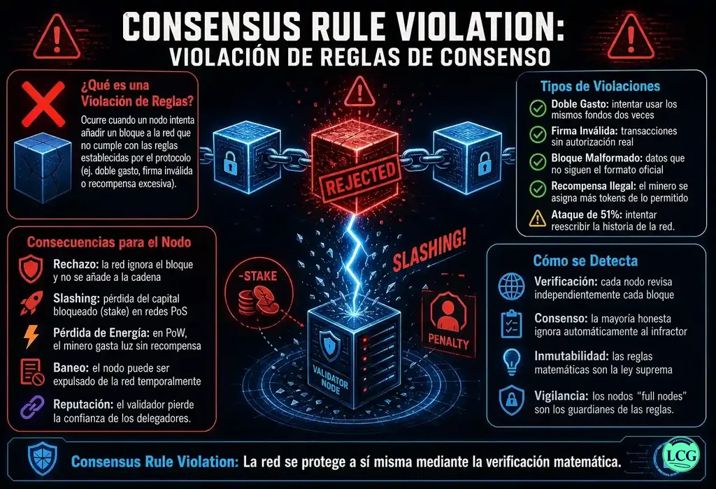 Infograf&iacute;a explicativa sobre Consensus Rule Violation en blockchain y crypto