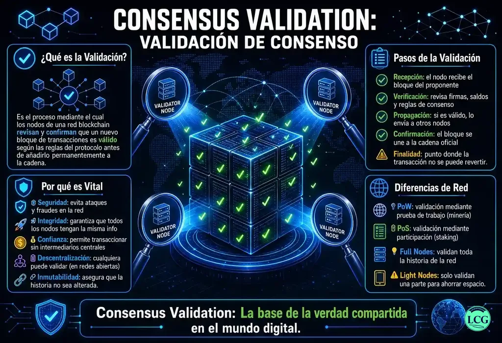 Infograf&iacute;a explicativa sobre Consensus Validation en blockchain y crypto
