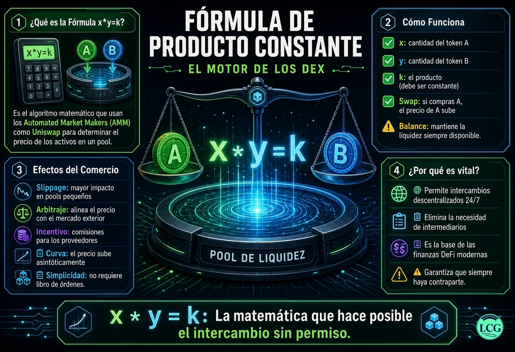 Infograf&iacute;a explicativa sobre Constant Product Formula en blockchain y crypto