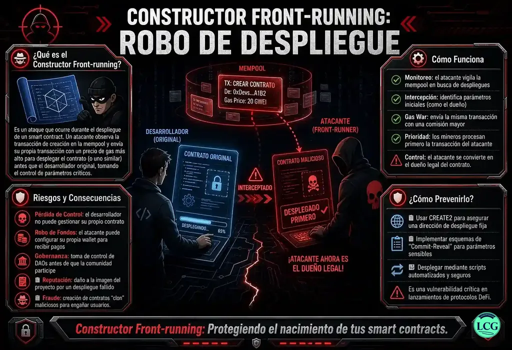 Infografía explicativa sobre Constructor Front Running en blockchain y crypto