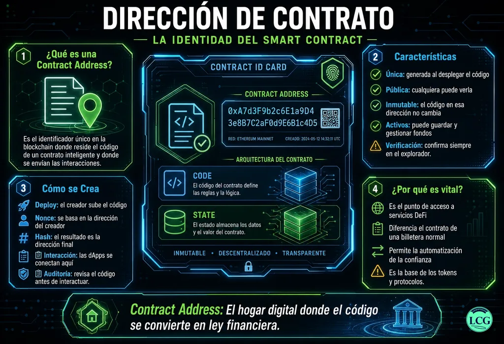 Infograf&iacute;a explicativa sobre Contract Address en blockchain y crypto