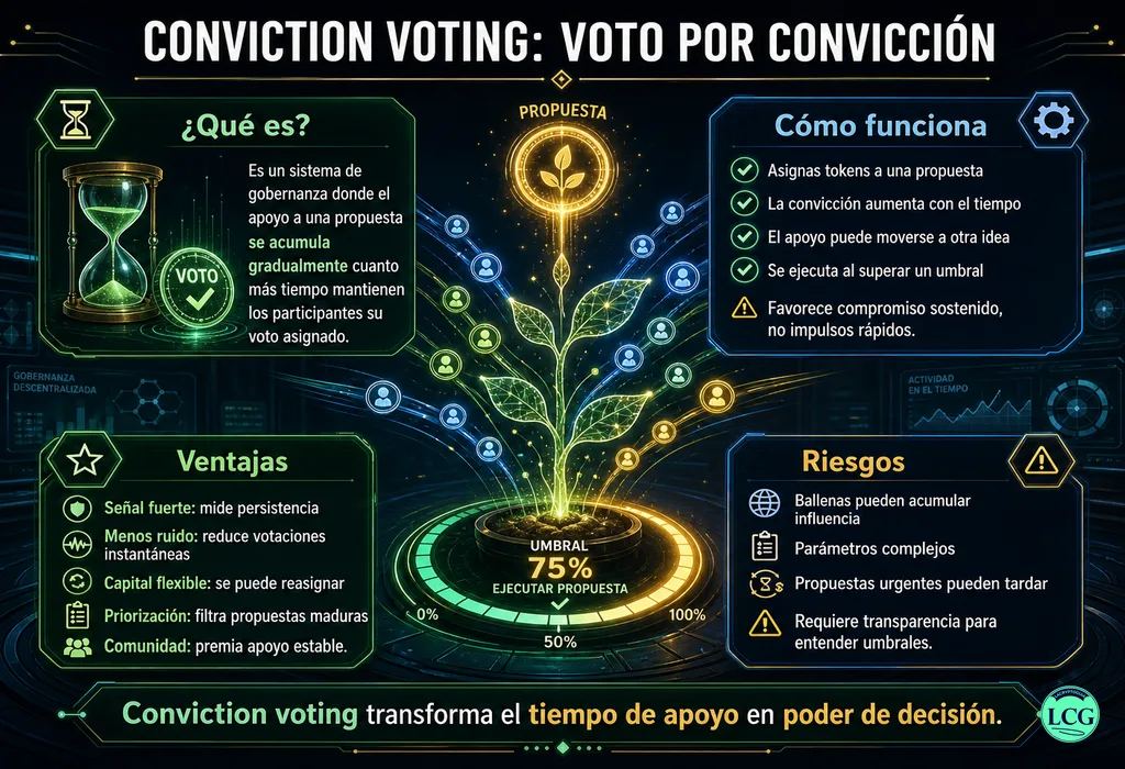 Infograf&iacute;a explicativa sobre Conviction Voting en blockchain y crypto