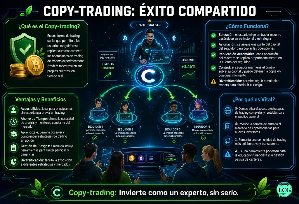Infograf&iacute;a explicativa sobre Copy Trading en blockchain y crypto