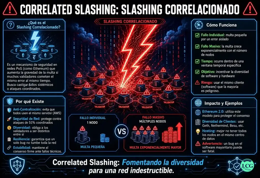 Infograf&iacute;a explicativa sobre Correlated Slashing en blockchain y crypto