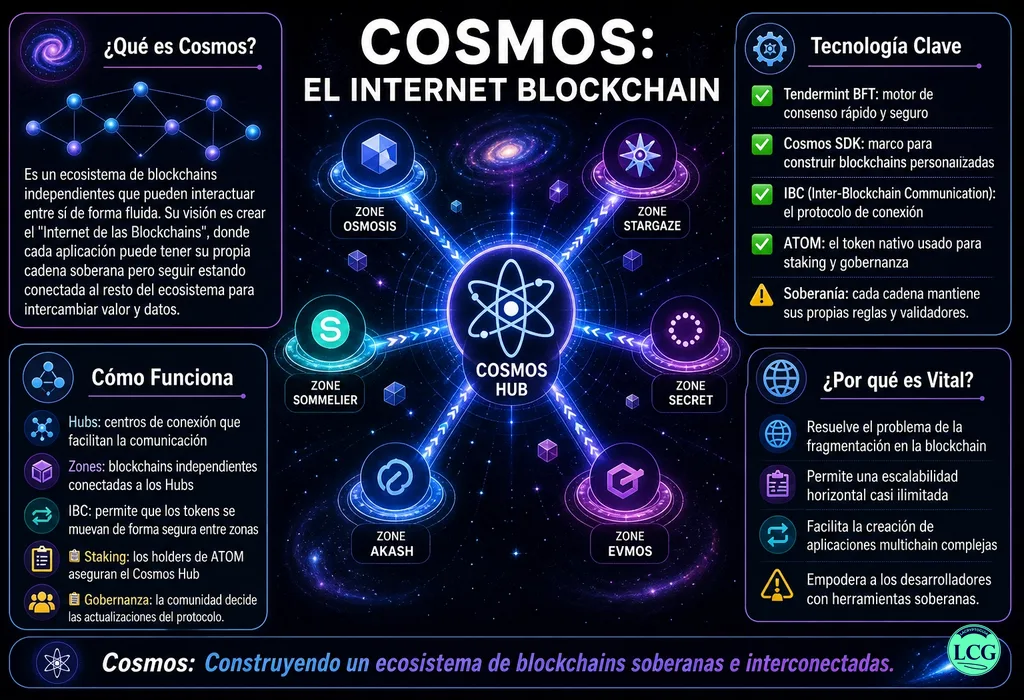 Infograf&iacute;a explicativa sobre Cosmos Atom en blockchain y crypto