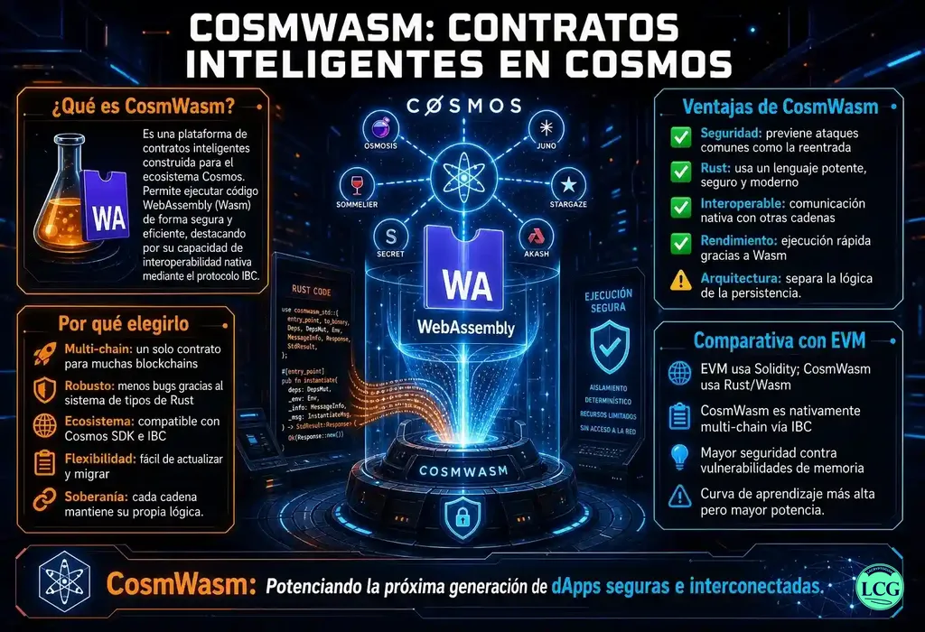 Infograf&iacute;a explicativa sobre Cosmwasm Smart Contracts en blockchain y crypto