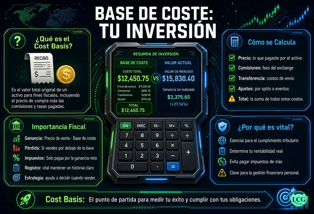 Infograf&iacute;a explicativa sobre Cost Basis en blockchain y crypto