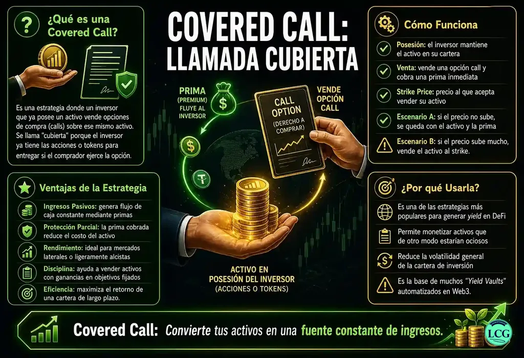Infograf&iacute;a explicativa sobre Covered Call en blockchain y crypto