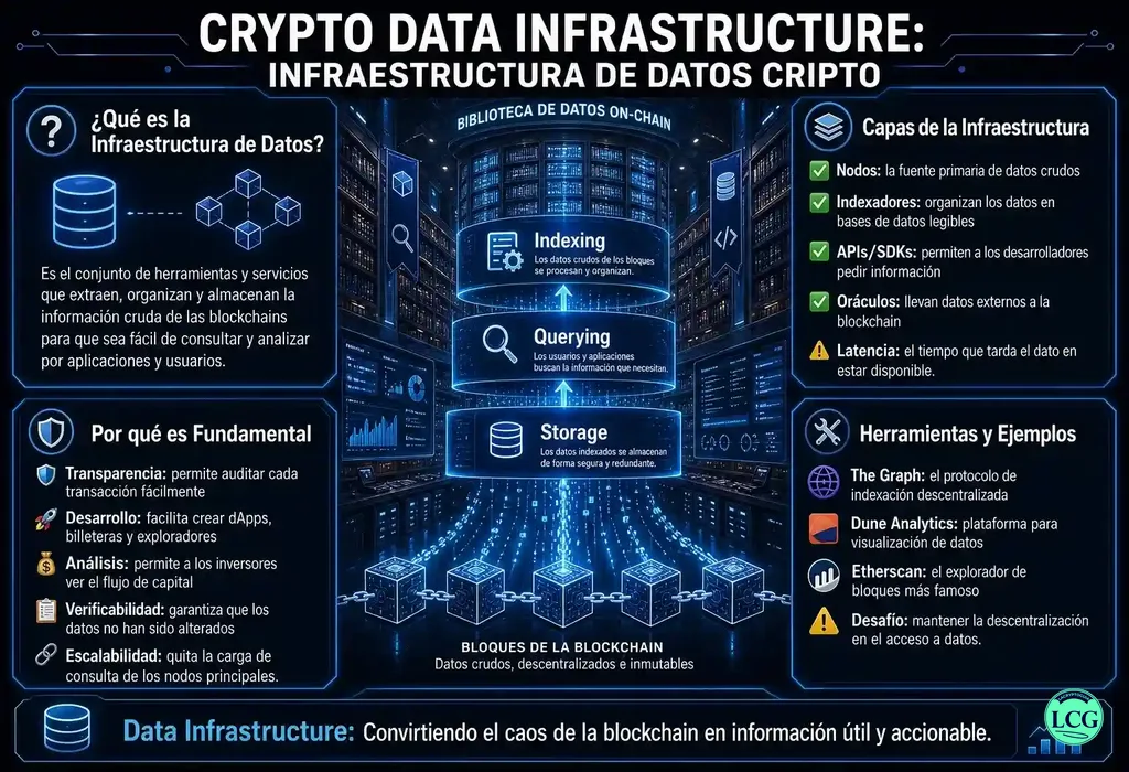 Infograf&iacute;a explicativa sobre Crypto Data Infrastructure en blockchain y crypto