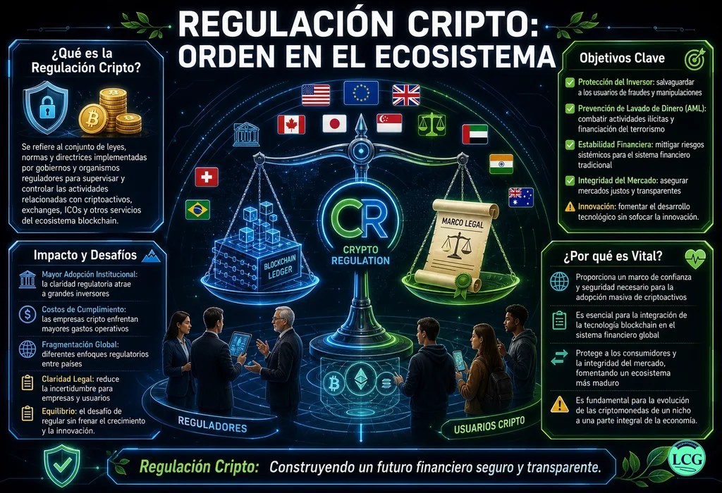 Infograf&iacute;a explicativa sobre Crypto Regulation en blockchain y crypto