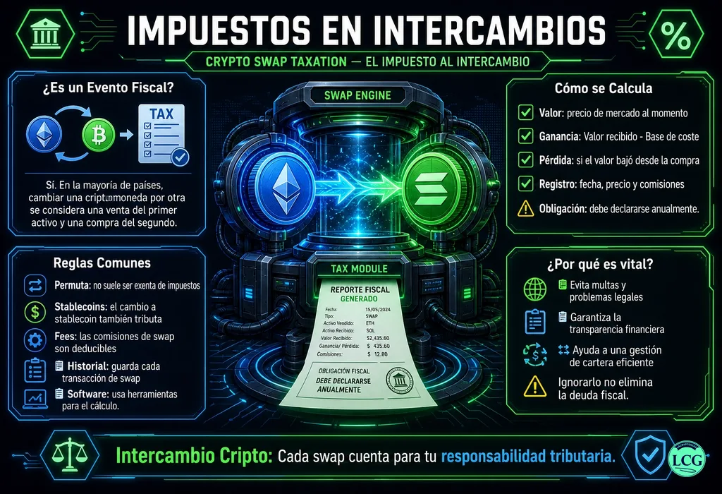 Infograf&iacute;a explicativa sobre Crypto To Crypto Swap Taxation en blockchain y crypto